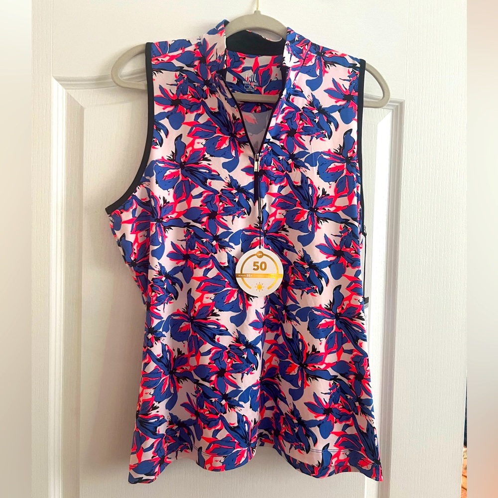 NWT Ladies TAIL Neon Coral Blue Floral Flares Sleeveless Golf Shirt XL